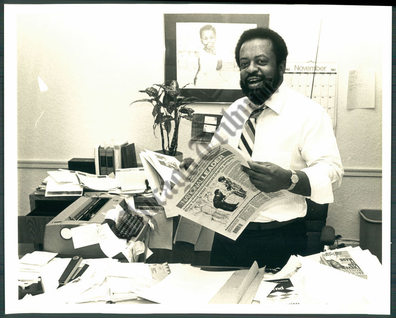 This photo of Claude Lewis at the Philadelphia office of the National Leader accompanied an Associated Press story on Dec. 19, 1982, about the weekly’s launch. (AP Newsfeatures)
